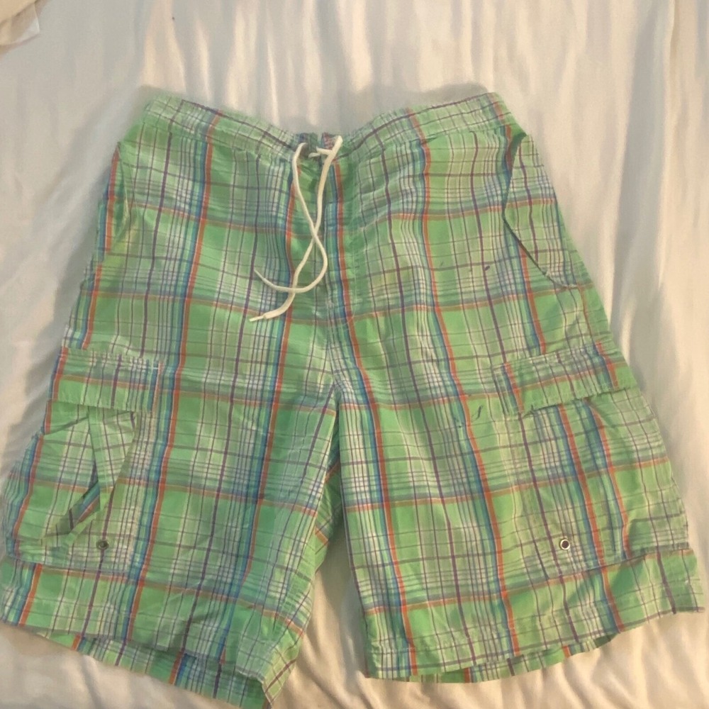Polo Ralph Lauren Plaid Swim Trunks Cargo Pockets Drawstring Beachy Waist 36
